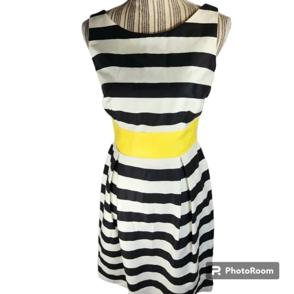 AB Studio Black & White Striped Sleeveless Dress w/ Yellow Tie Sash Size 4